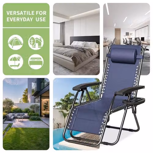 MCC Direct Set of 2 Zero Gravity Reclining Sun Loungers with Blue Textilene Fabric and Black Powder Coated Steel Frame – 7
