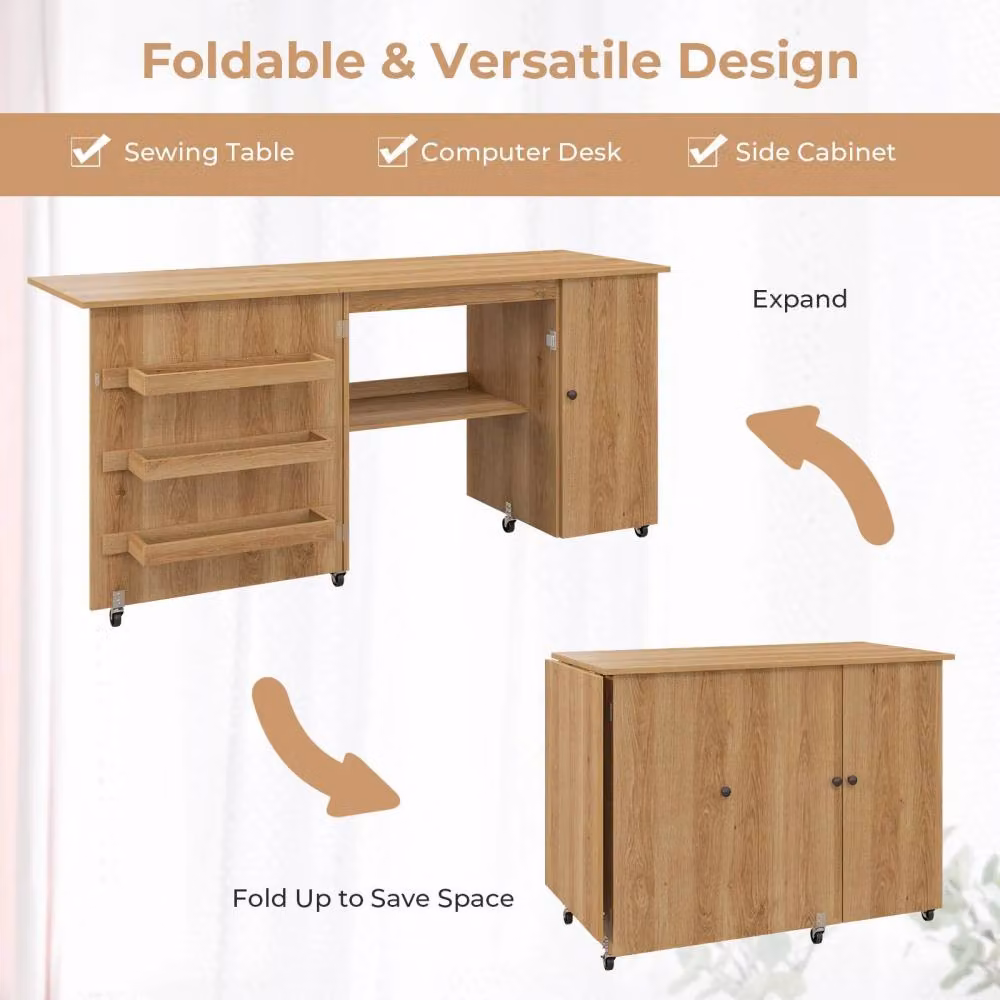 Costway Large Foldable Sewing and Craft Table with Drop Leaf and Lockable Casters in Natural Brown – 2