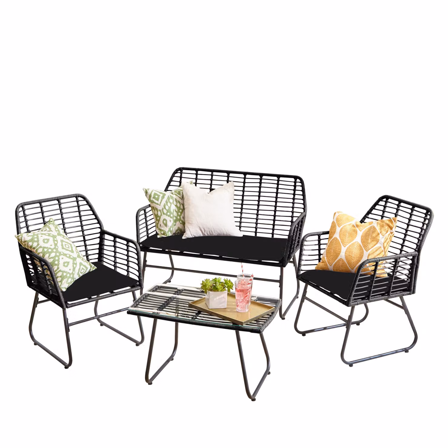 Neo 4 Piece Wicker Bamboo Style Garden Sofa, Table and Chairs Set in Black – 4
