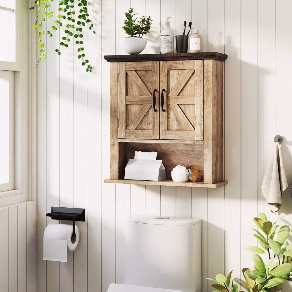 Costway Farmhouse Wall Mounted Medicine Cabinet with Hinged Doors in Brown – 3