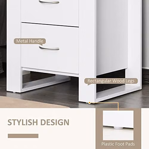 HOMCOM Set of 2 Modern White Bedside Tables with 2 Drawers and Silver Handles – 4