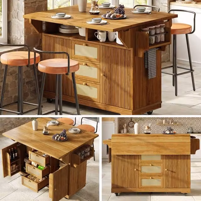 Rolipo Foldable Kitchen Trolley, 95 cm Ergonomic Serving Cart in Brown Wood and Rattan