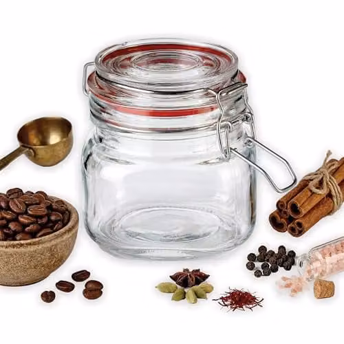 Orsina Transparent Glass Storage Jar with Stainless Steel Clip Lid, 500ml – 1