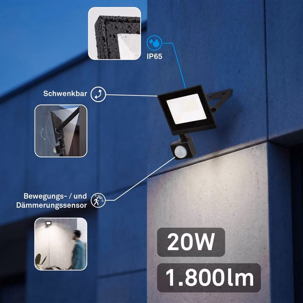 Briloner Black 20W LED Floodlight with Motion and Dusk Sensor, IP65 Waterproof, Neutral White – 2