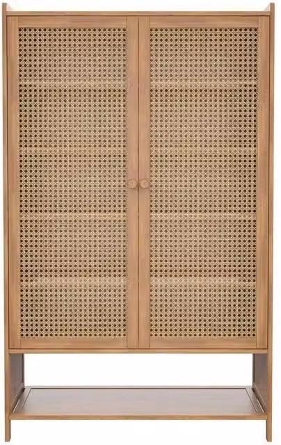 PAWNORA 7-Tier Shoe Rack Storage Cabinet with 2 Hinged Glass Doors in Natural Brown