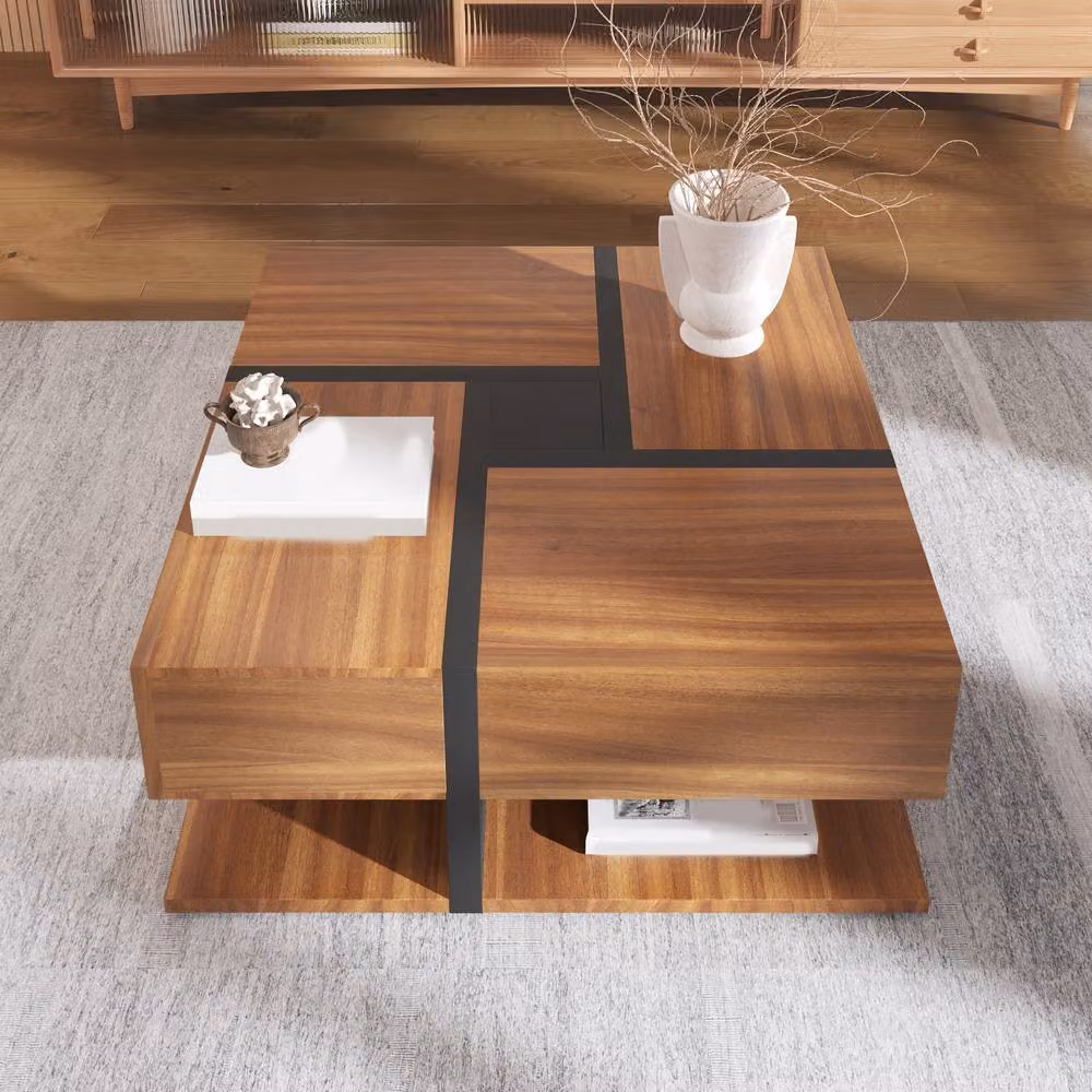 Rolipo Square Coffee Table with 4 Drawers in Black and Natural Wood Finish – 4