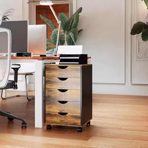 HOMCOM Rolling Vertical Filing Cabinet with Castors in Rustic Brown – 7