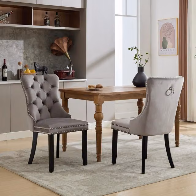Aosom UK Set of 6 Grey Velvet Upholstered Dining Chairs with Button Tufted Backrest and Solid Wood Legs, W/D/H: 64 x 50 x 96 cm – 1