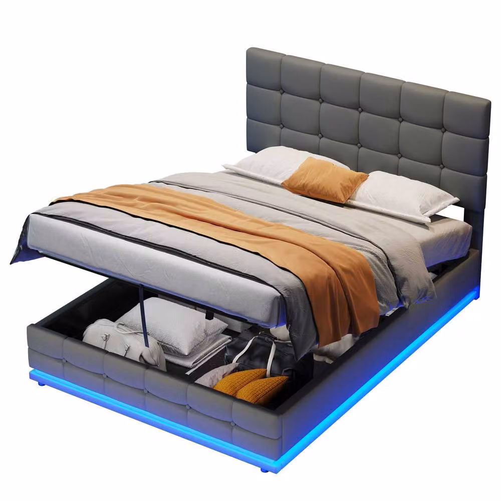 STILVORA Double Ottoman Bed with LED Under-Bed Lighting and Storage in Grey, W/D/H: 140 x 200 x 29 cm – 4