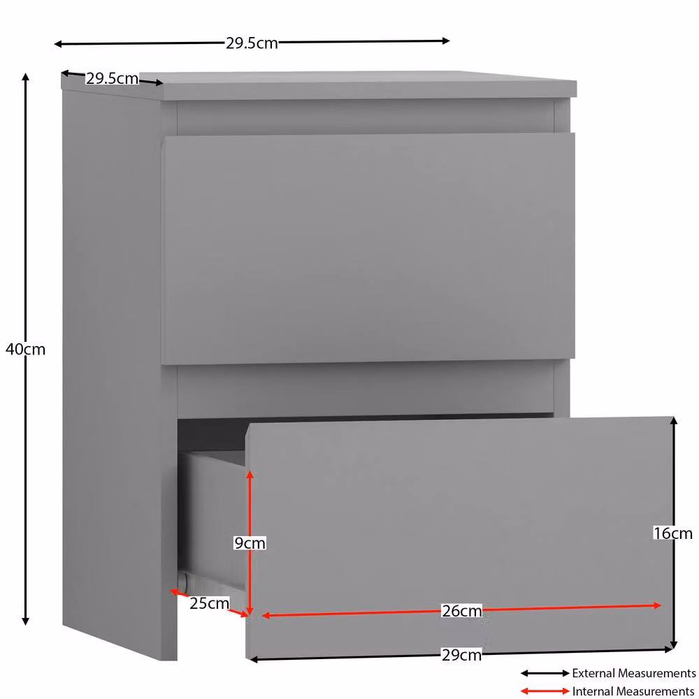 HD Designs Denver 2 Drawer Bedside Chest in Grey, W/D/H: 40.0 x 29.5 x 29.5 cm – 2