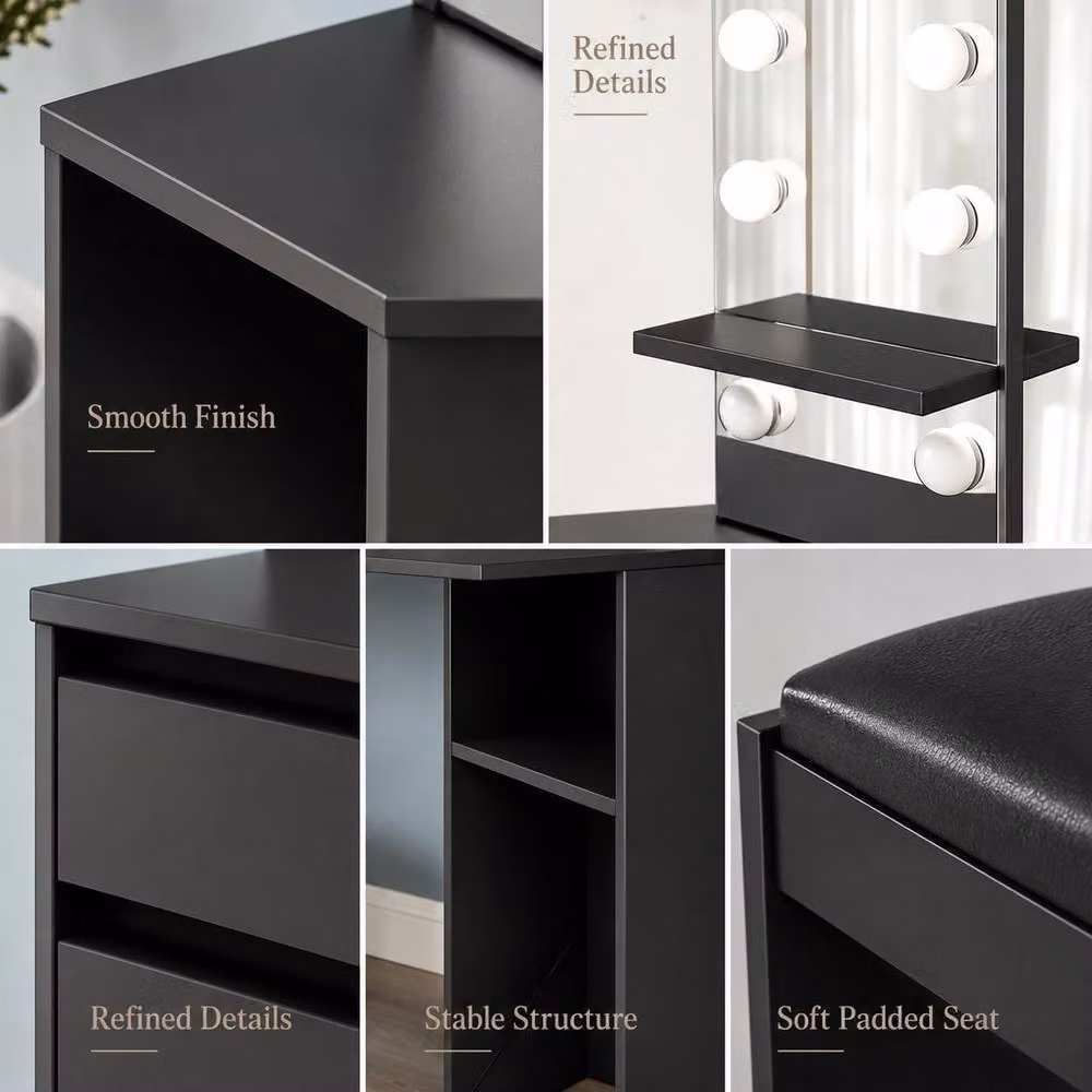 London Boutique Corner Dressing Table with LED Mirror and 5 Drawers in Black – 7