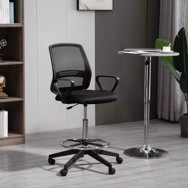 FORGEVIO Black Fabric Draughtsman Chair with Adjustable Height, Foot Ring and Swivel Function