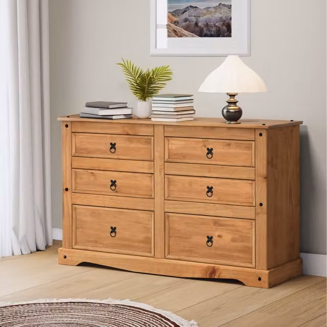 Mercers Furniture Corona Low 3 Plus 3 Wide 6 Drawer Chest of Drawers in Antique Wax Solid Pine Wood