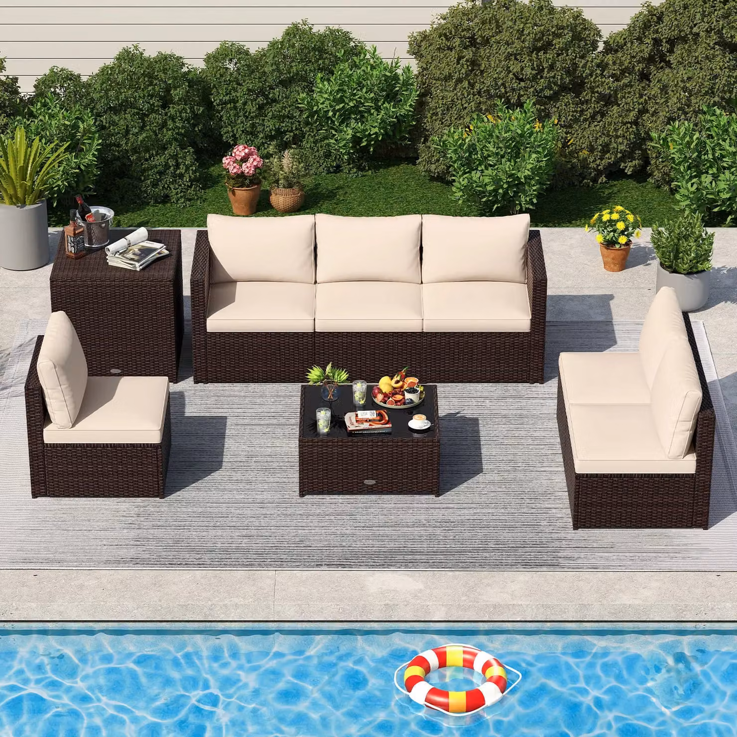 Gymax 8-Piece Brown and Beige Polyrattan L-Shape Sectional Sofa Set with Outdoor Coffee Table and Upholstered Cushions – 4