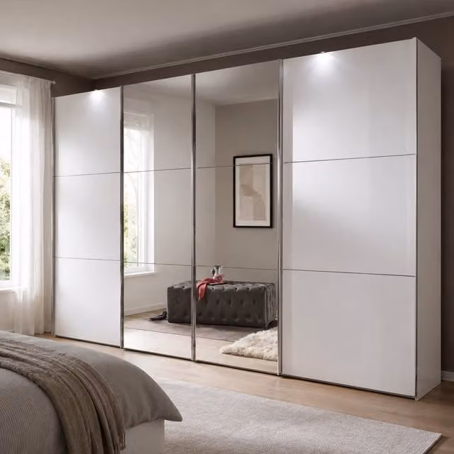 Escape 300cm 4 Door Mirrored Sliding Wardrobe in Matt White