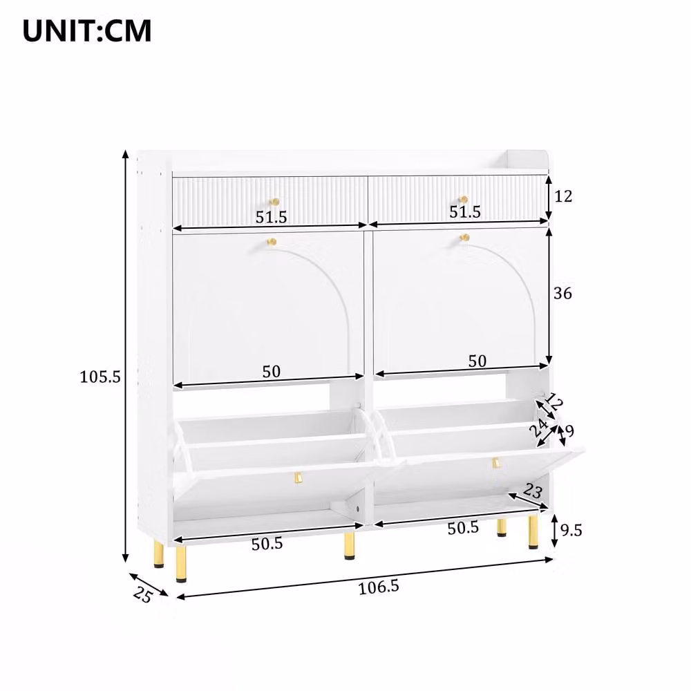 Merax White Double-Row Tilt-Out Shoe Cabinet with 2 Drawers and Gold Metal Legs H 106.5 x W 105.5 x D 25 cm – 2