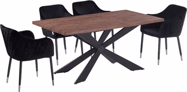 Life Interiors Verona Duke LUX Dining Set with Rectangular Wood Table and 4 Black Velvet Chairs