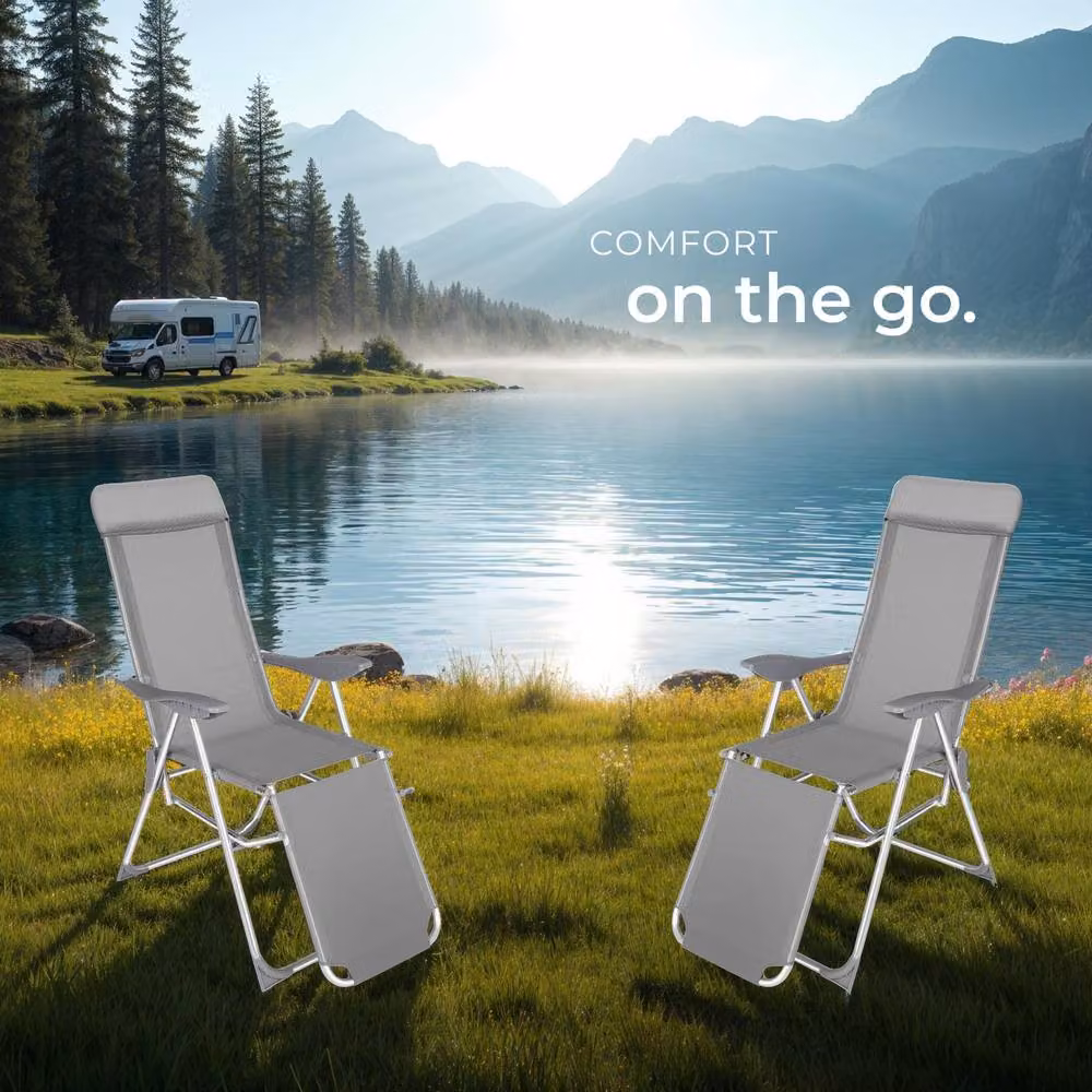 tectake 2-Seater Folding Aluminium Garden Chairs with Adjustable Headrest and Footrest in Grey – 7