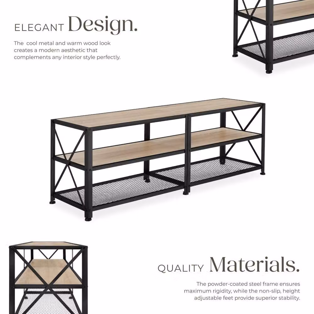 tectake Industrial TV Stand Lowboard Cabinet with 3 Shelves in Light Brown and Black, Width: 141 cm – 3