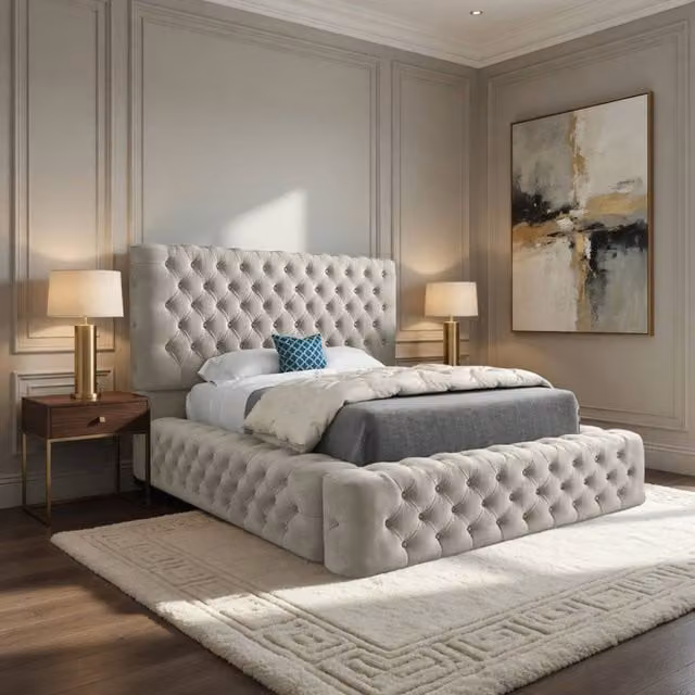 Casani Isleham Pleated Upholstered Designer Bed Frame in Beige, Super King, W/D/H: 200 x 137 x 221 cm – 1