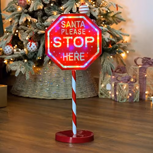 The Christmas Workshop Santa Please Stop Here Sign with 45 Multicoloured Lights, Red and White, 1m