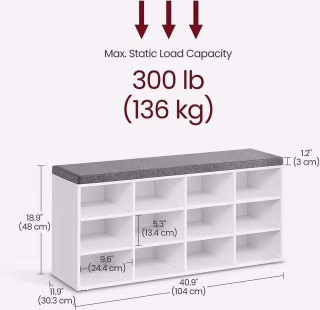 VASAGLE Modern White Shoe Storage Bench with Fabric Cushion and Adjustable Shelves W/D/H: 100 x 30 x 44 cm