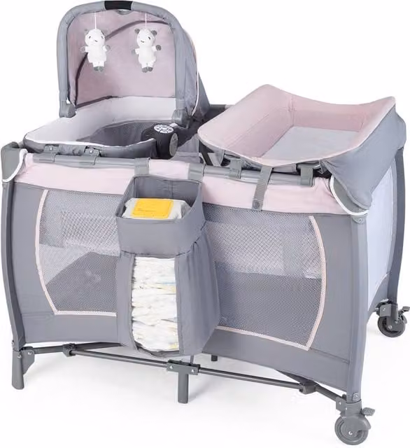 Costway Foldable Pack and Play Portable Baby Playard with Rocking Bassinet and Music Box in Pink