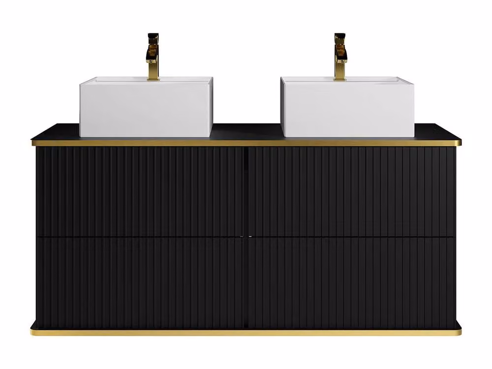 Vente-unique Modern Wall-Mounted Ribbed Bathroom Furniture with Double Countertop in Black and Gold – 3