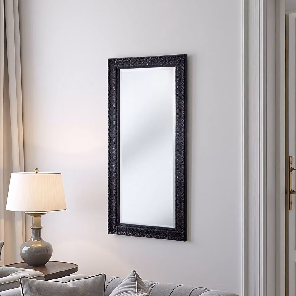 Yearn Mirrors Carved Framed Bevelled Tall Rectangular Wall Mirror in Black, H 138 cm x W 62 cm – 2