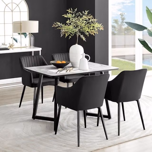 FurnitureboxUK Carson White Marble Effect Dining Table and 4 Calla Black Leg Chairs