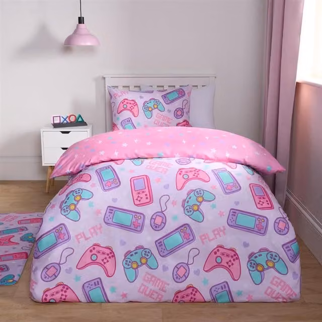 OHS Reversible Graphic Print Childrens Duvet Cover, Pink, W: 140 cm, L: 200 cm