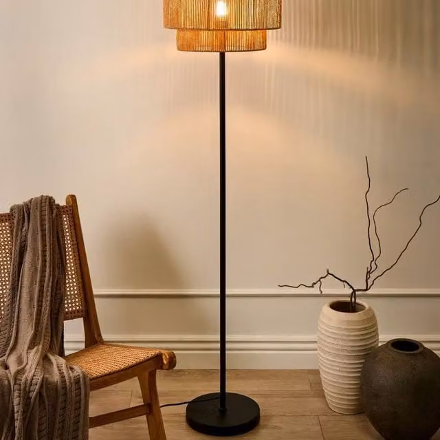 Wyld and Coco Boho Style Floor Lamp with Natural Paper and Rattan Shade and Matte Black Metal Base