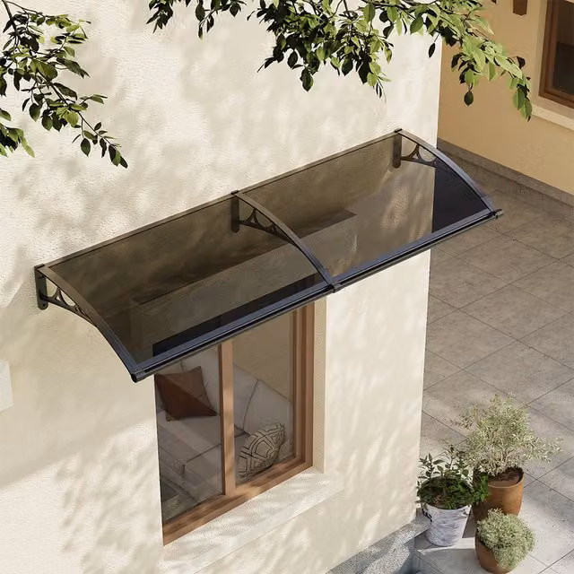 Livingandhome Aluminium Door Canopy Window Awning with Dark Grey Polycarbonate and Black Frame, Width: 240 cm