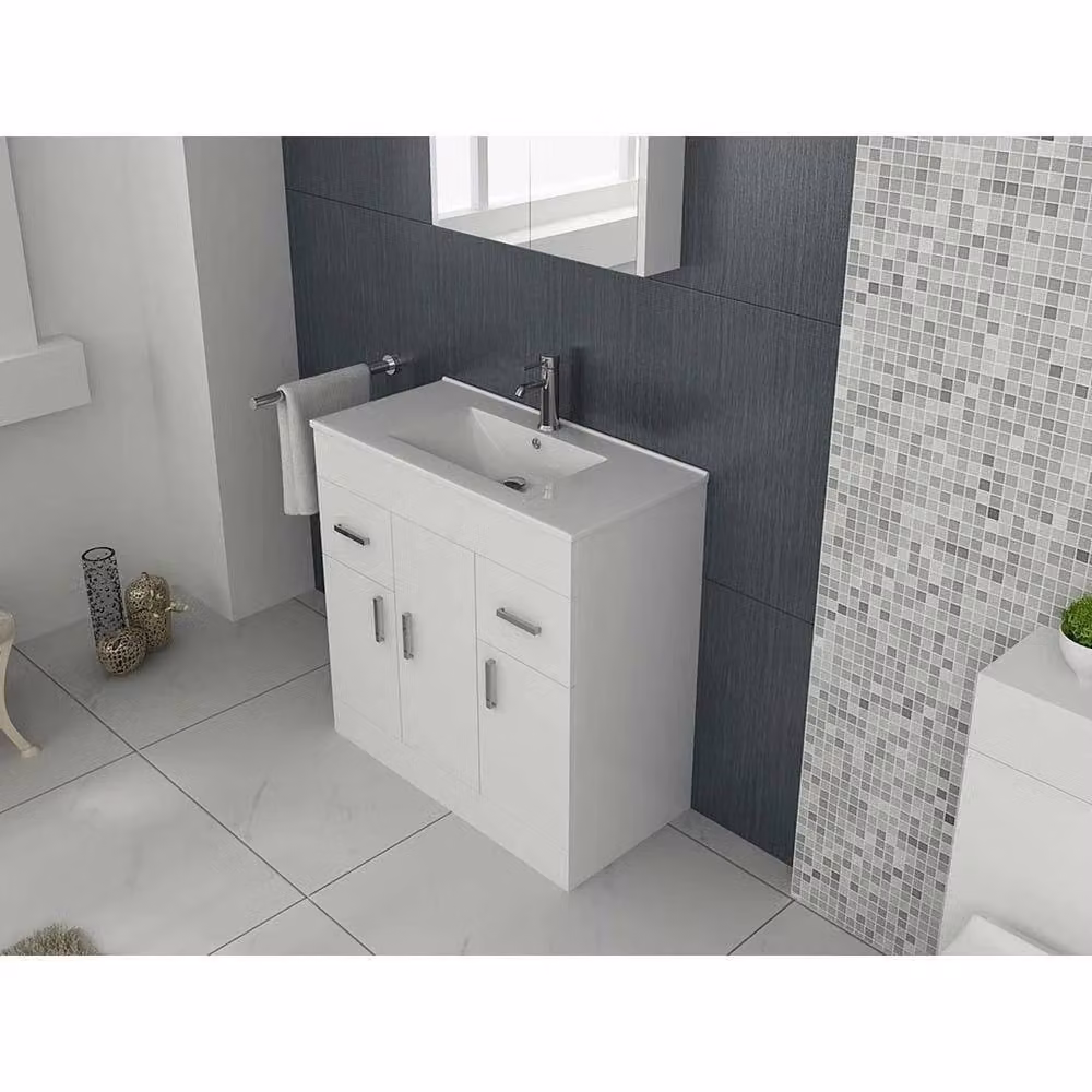 FORGEVIO Modern Freestanding White Bathroom Vanity Unit with Sink Basin and Storage Doors and Drawers – 2