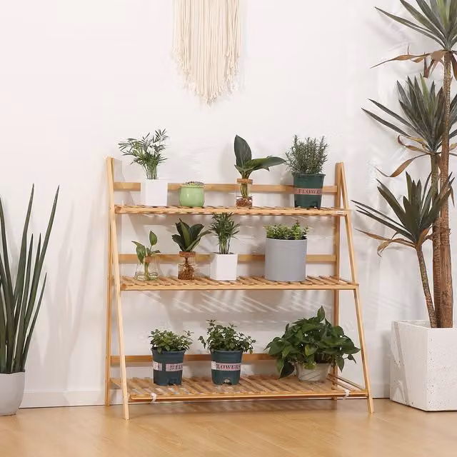 Outsunny 3-Tier Folding Bamboo Plant Stand, Brown/Beige Planter Display Shelf for Indoor and Outdoor Use, H 97 x W 100 x D 39 cm – 1