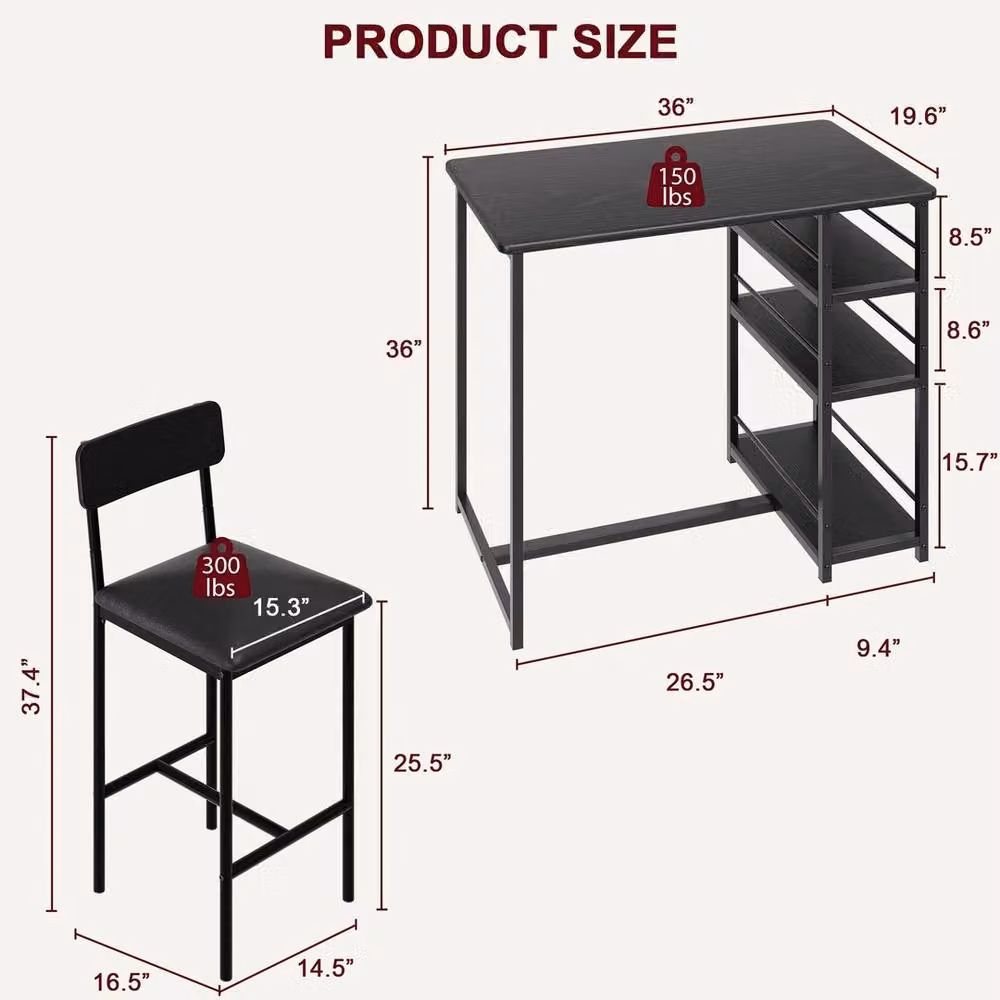VOGREX 3 Piece Modern Rectangular Counter Height Kitchen and Dining Table Set with Upholstered Chairs in Black – 2