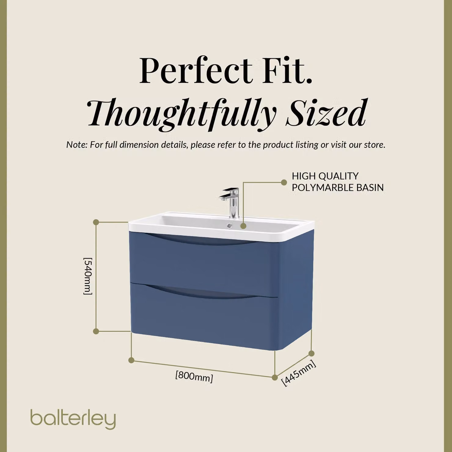 Balterley Wall Hung 2 Drawer Bathroom Vanity Unit and Basin, Satin Blue, Width: 75.5 cm – 4