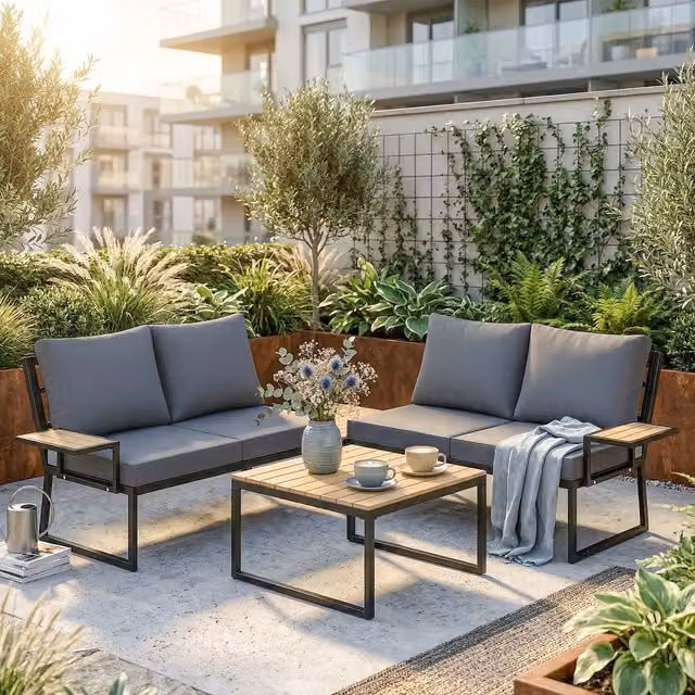 Outsunny 4 Seater Metal and Teak Wood Garden Furniture Sofa Set with Nesting Tables in Brown and Grey