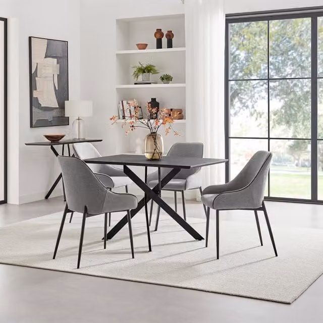 FurnitureboxUK Leonardo Black Top Rectangular Dining Table and 4 Beaumont Grey Fabric Chairs Set – 1