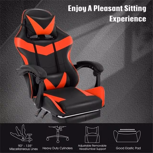 NESTLUNE Ergonomic Swivel Gaming Chair in Black Synthetic Leather with Armrests and Headrest