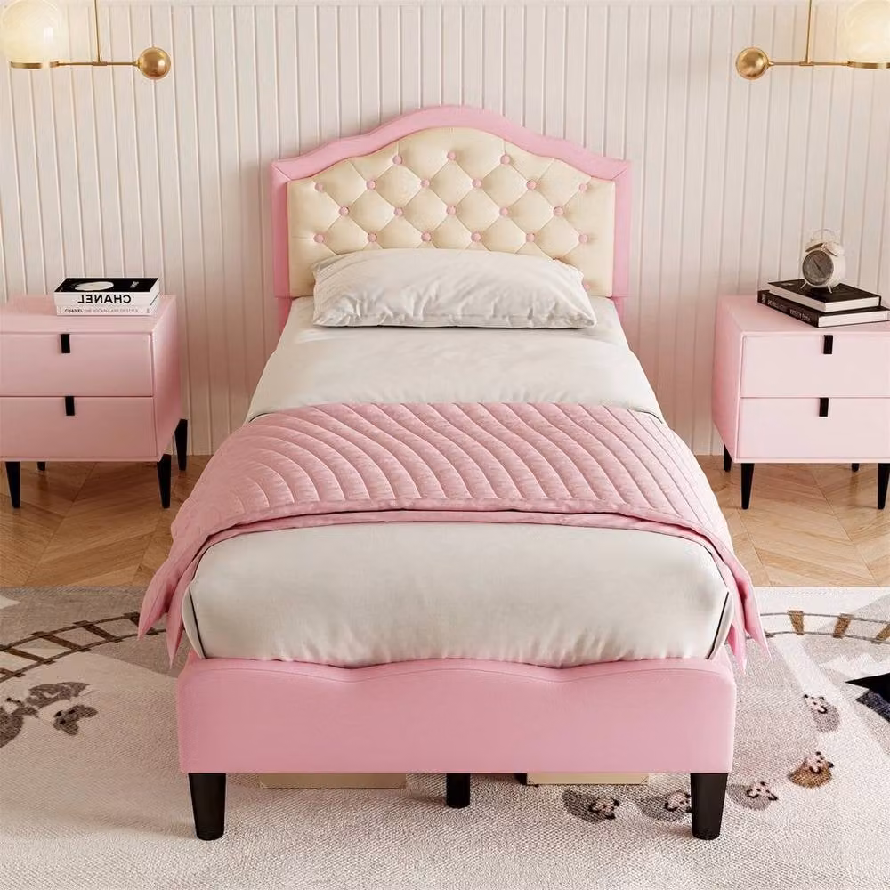 KORVIXA Pink Upholstered Single Bed with Headboard and Slatted Frame, W/D/H: 90 x 190 cm – 2