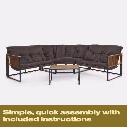 OHS Santorini 5 Seater L-Shape Corner Sofa and Coffee Table Set in Brown with Upholstered Cushions – 5