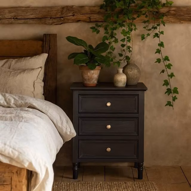 Wyld Haus San Antonio Vintage Black Wooden 3 Drawer Bedside Table W/D/H: 43.0 x 29.0 x 59.0 cm – 1