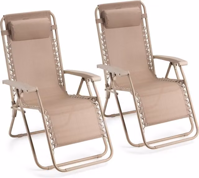 VonHaus Zero Gravity Sun Lounger Chairs Set of 2 in Beige Textilene with Powder Coated Steel Frame