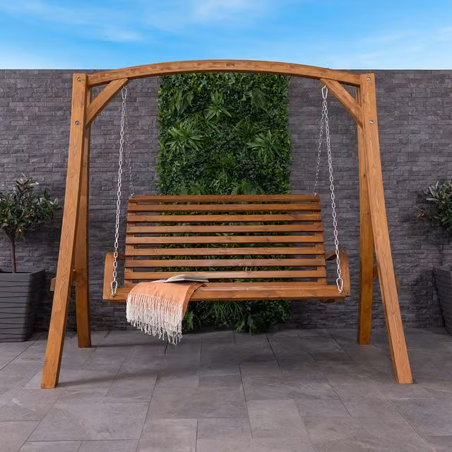 Charles Bentley Rustic Larch Wood 2-3 Seater Outdoor Swing Seat with Armrests, Brown