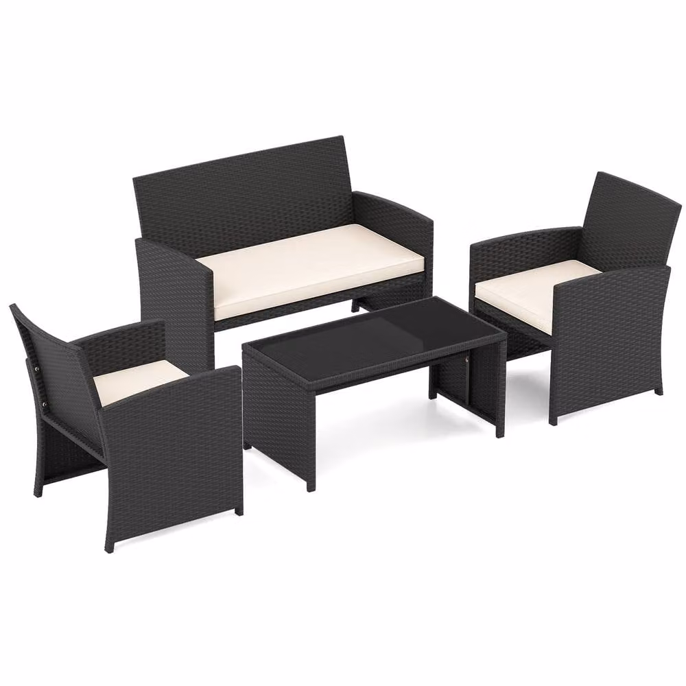 Costway 4-Piece Polyrattan Patio Conversation Set with Upholstered Cushions and Metal Frame in Multicolour – 10