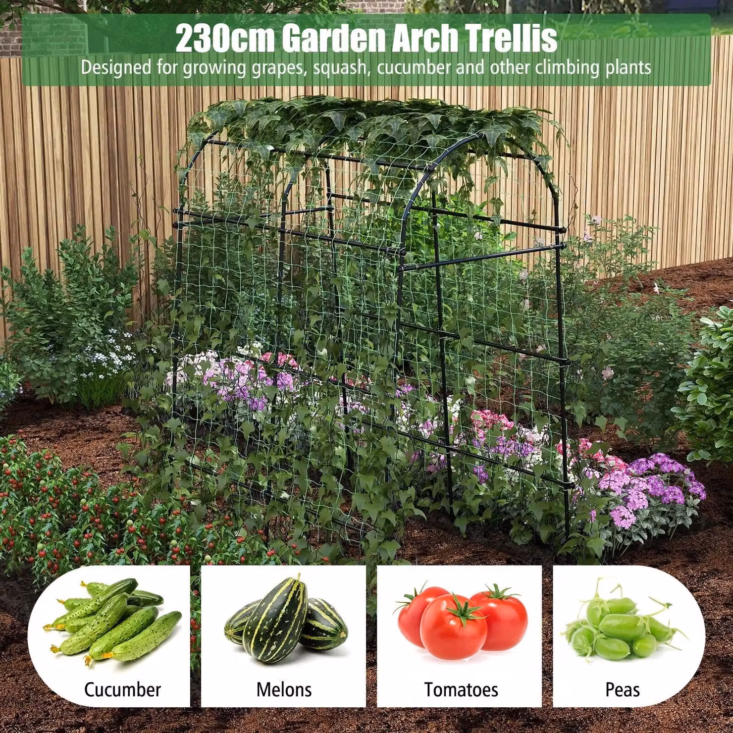 Gymax Black Metal Garden Arch Trellis with Netting, Height: 230 cm – 2