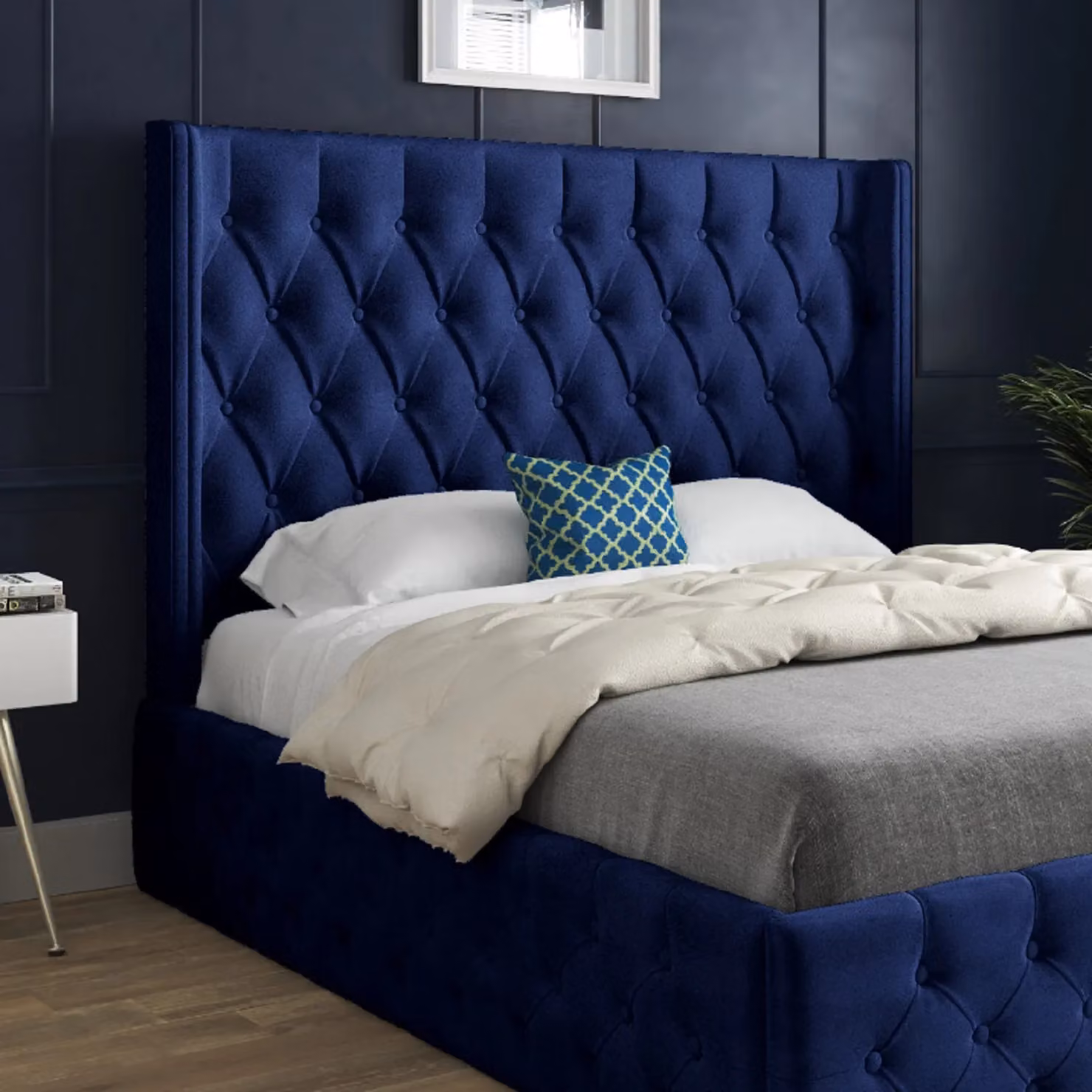 KDMD Turin Straight Winged Upholstered Soft Velvet Blue Bed Frame, W/D/H: 200 x 137 x 189 cm – 2