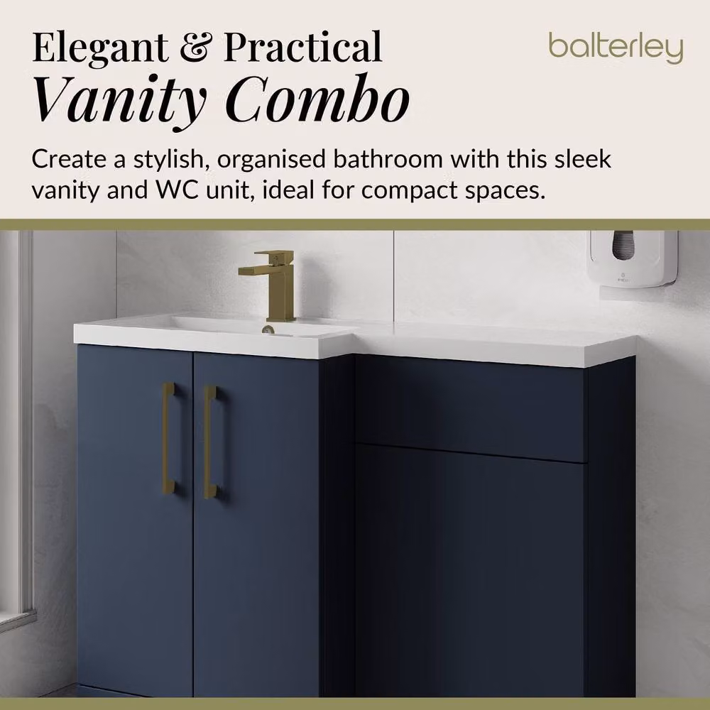 Balterley Modern Blue Left-Hand Vanity and WC Unit Combination with Brushed Brass Details, W: 110 cm, H: 84 cm – 3