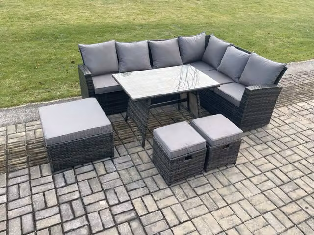 Fimous Outdoor Garden Dining Set in Dark Grey Rattan with Rectangular Tempered Glass Table and 3 Footstools